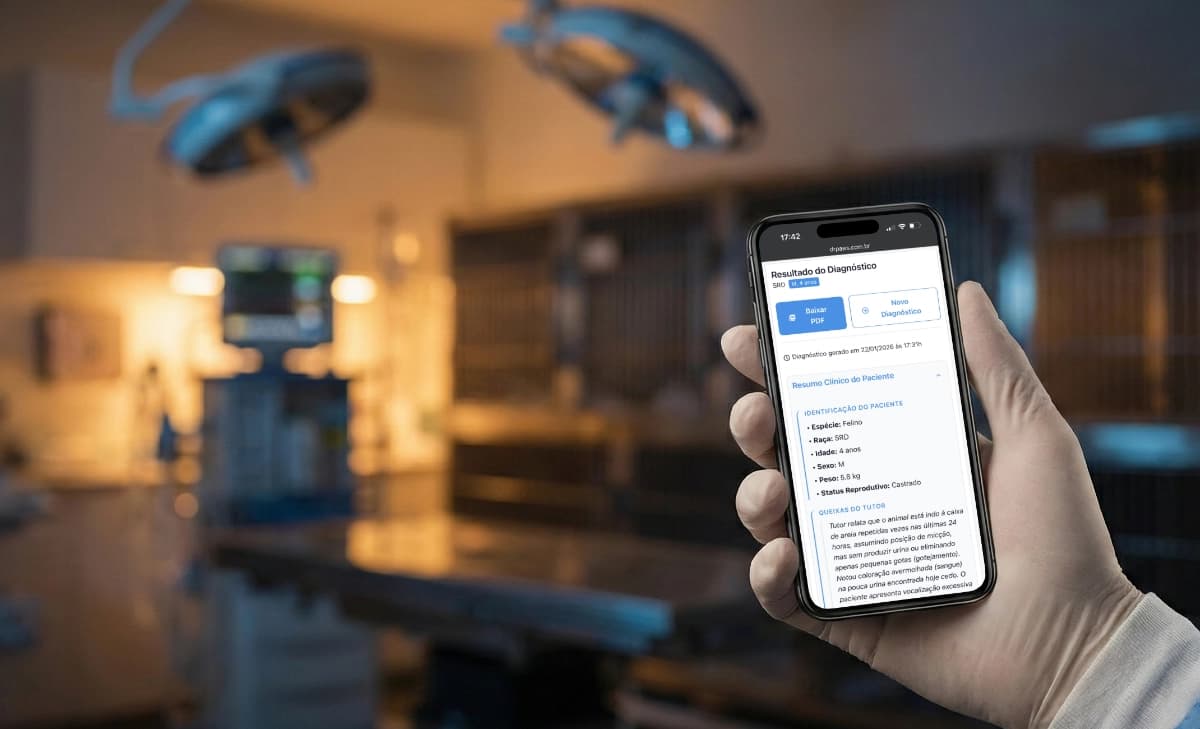 Mão de veterinário segurando celular com alerta de segurança do app Dr. Paws